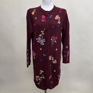 The Quacker Factory Women's Cardigan Sweater Small Maroon Red Embroidered Floral